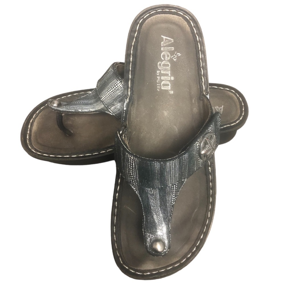 Alegria Comfort Arch Support Silver Metallic Beachy Thong Dressy Sandal 39/9